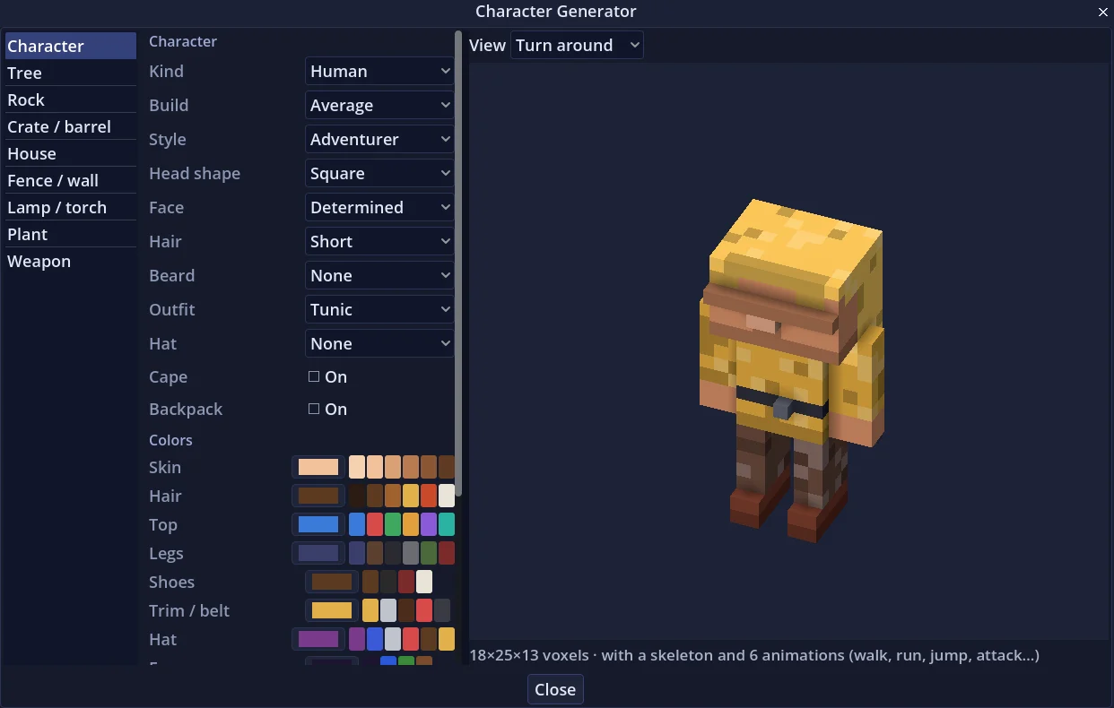 The Character Generator with a blocky adventurer in its large preview, the settings and per-part color swatches beside it