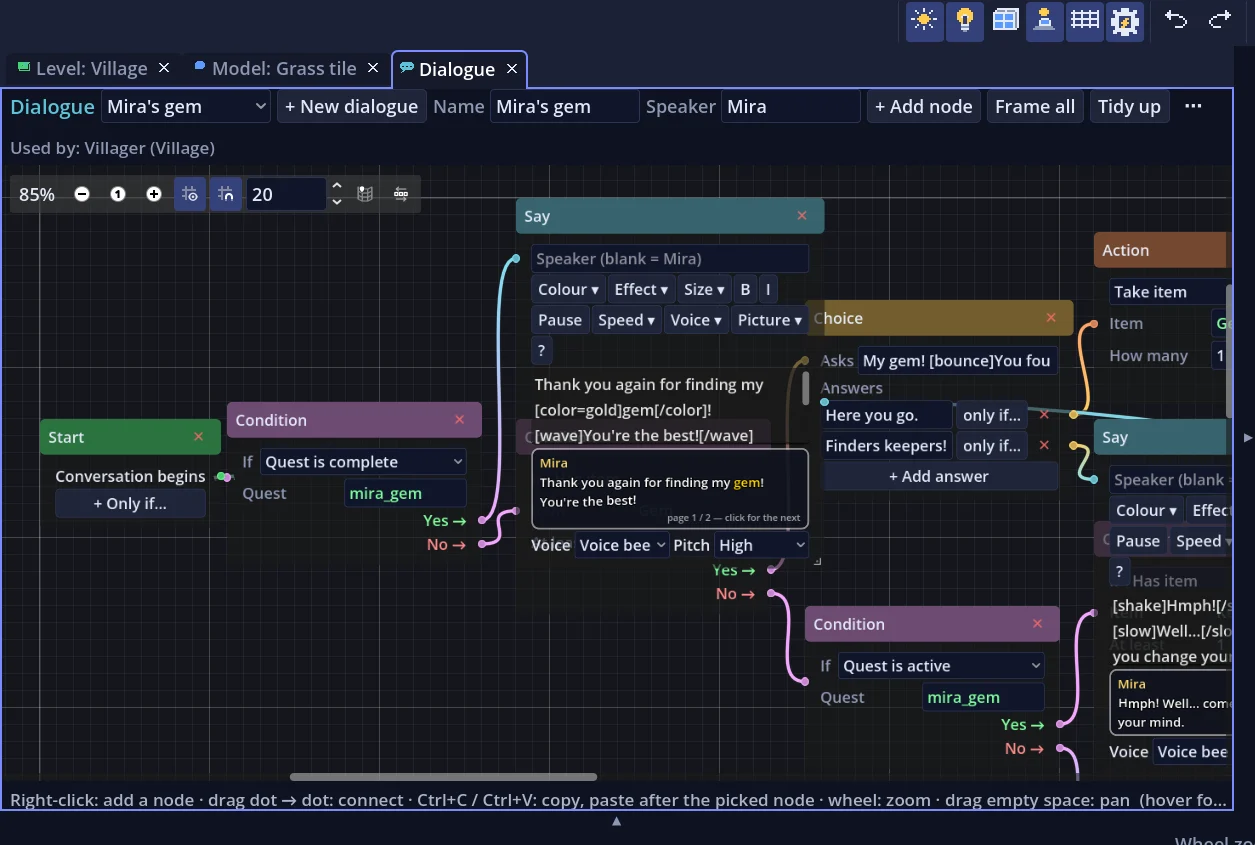 The Dialogue tab with Mira's conversation as connected nodes