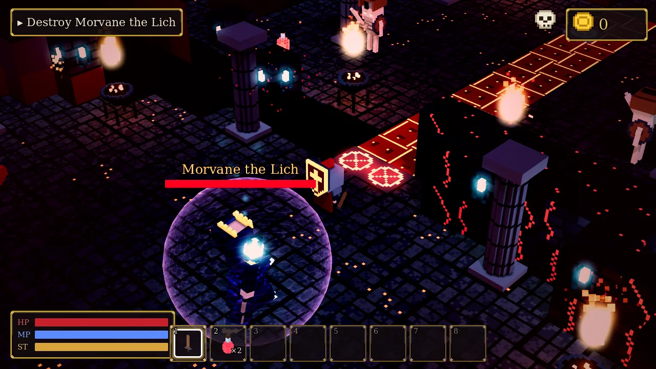 Morvane the Lich inside a glowing shield bubble, the throne room tinted red, embers drifting and magic circles on the floor