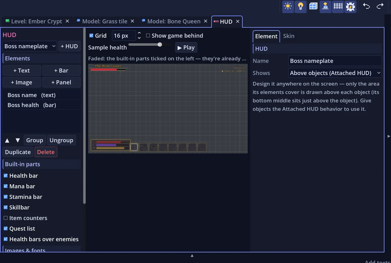 The HUD tab designing a boss nameplate and health bar