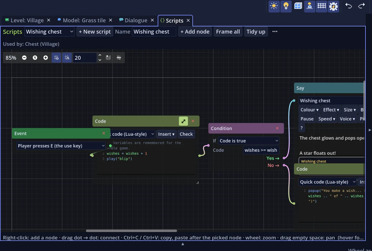 The Scripts tab with an Event node and a Quick code node