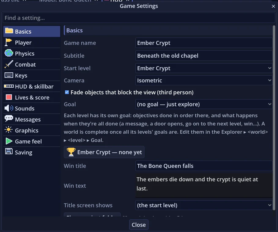 The Game Settings window on its Basics page