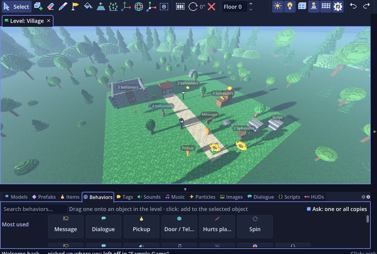 The Sample Village with behavior labels over its objects